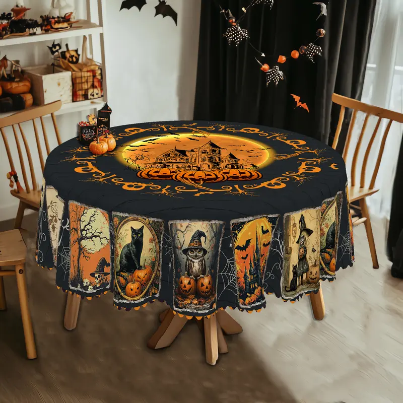 XEXSIN All-Over Print Halloween Party Decor Tablecloth - 55x70in, 60x86in Round/Rectangular Options, Pumpkin Bat Witch Ghost Patterns, Indoor/Outdoor Family Gathering Supplies, Home Kitchen Gift