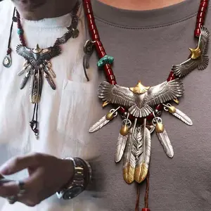 Unisex Vintage Native American Style Chain Link Necklace - 250th US Independence Day Long Chain, Silver-Gold Metal Coating, Turquoise Accents, Retro Patriotic Costume Jewelry Gift, Chain Link Necklaces