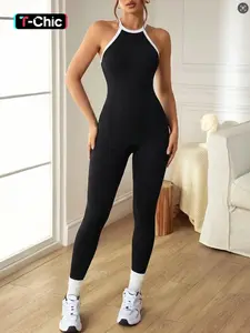 Women's Colorblock Backless Sleeveless Spring Summer Knit Yoga Jumpsuit, Casual Fashion Sportswear for Daily Wear, Sporty Jumpsuit