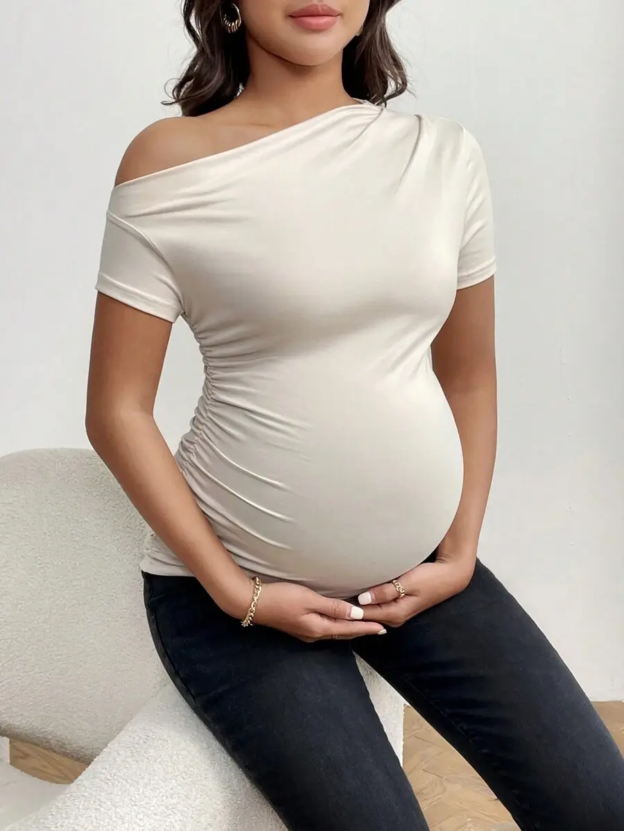 NOGN x Maternity Solid Color Asymmetrical Neckline Pleated T-Shirt