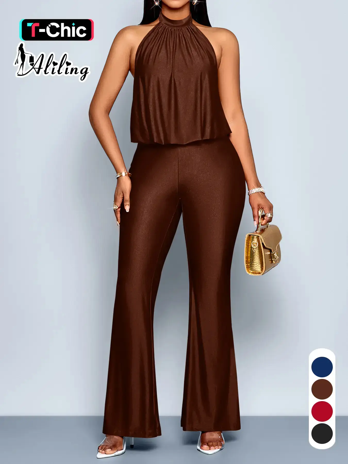 Aliling Elegant Women's Sleeveless High-Waisted Bodycon Jumpsuit, Womenswear Casual Plain Backless Design, All-Season Wear, Slim-Fitting Long Pants