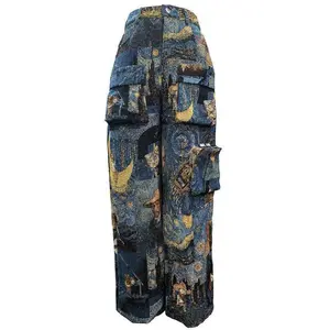 Women’s patchwork art print cargo pants with pockets, casual street trousers for daily wear, ladies’ bottoms for all seasons, baggy pants