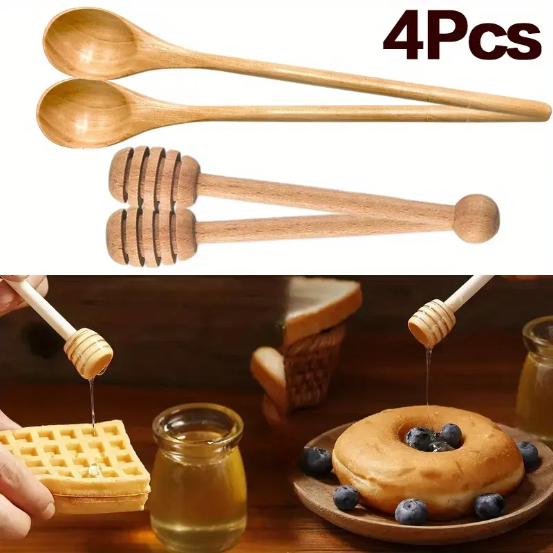 2pcs Long-Handled Wooden Spoons and 2 Honey Dipper Stick - Ergonomic Wood Kitchen Utensils for Cooking, Baking - Durable Design for Home, Camping, Restaurants & Outdoor Activities, Camping Cookware