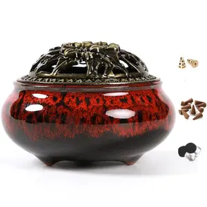 Ceramic Incense Burner with Incense Stick Holder + Insulation use for Stick or Coil Incense, Sage Cones and Frankincense (Fambe Red) Scent Fragrance