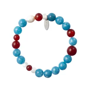 Unique Blue Apatite 8mm, Red Agate 10mm, Moonstone 8mm & Pearl Bracelet | Handmade Beaded Bracelet for Emotional Balance | Stylish Jewelry for Anxiety Relief & Self-Expression