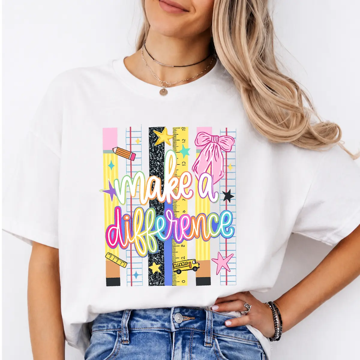 Women's Casual Short-Sleeve Round Neck Teacher T-Shirt, Colorful Pencil Ruler Bow Graphic Top, Back to School Inspirational Gift - JACKSON HOAI STORE