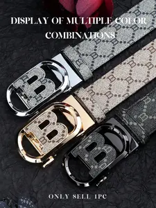 New Men's Belt, Trendy Letter Print Leather Belt, Youth Casual Business Automatic Buckle Alphabet Print Waistband, All Seasons Fashion Accessory