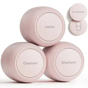 Trimcoo New Travel Toiletry Containers [Ultra Leakproof] TSA-Approved, PLA Hard Shell Jars with 5 Magnetic Labels, Wide Mouth Bottles for Lotion, Cleanser, Shampoo, Conditioner, Pink, 3 Pack, 1OZ