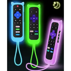 F-RDC05  3Pcs Cover for Roku Remote with Cat Ears Design, Silicone Skin Case Compatible with Hisense/TCL Roku TV, Steaming Stick/Express, Universal Replacement Controller. Glow in The Dark Green/Blue/Purple