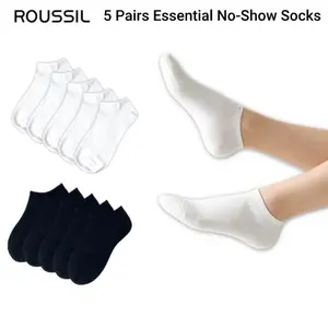 5 Pairs No-Show Socks for Daily Wear,Women's Solid Color,Wash Resistant Soft Smooth Comfort Socks, Minimalist Versatile Casual Everyday Wear Socks,Polyester Lycra Seamless Arch Compression, (White/Black)