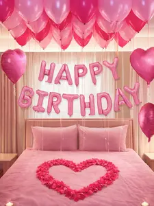247PCS Pink Happy Birthday Balloon Decorations, Letter Balloon Banner, Heart Foil Balloons & Pink Rose Petals for Birthday Party Backdrop Decor