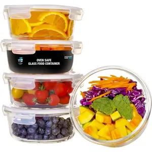 Round Glass Containers with Air Vent  (5 Pack+Extra Lid) - Airtight &  - Oven, Microwave, Freezer and Dishwasher Safe - 32oz - Durable Borosilicate Glass
