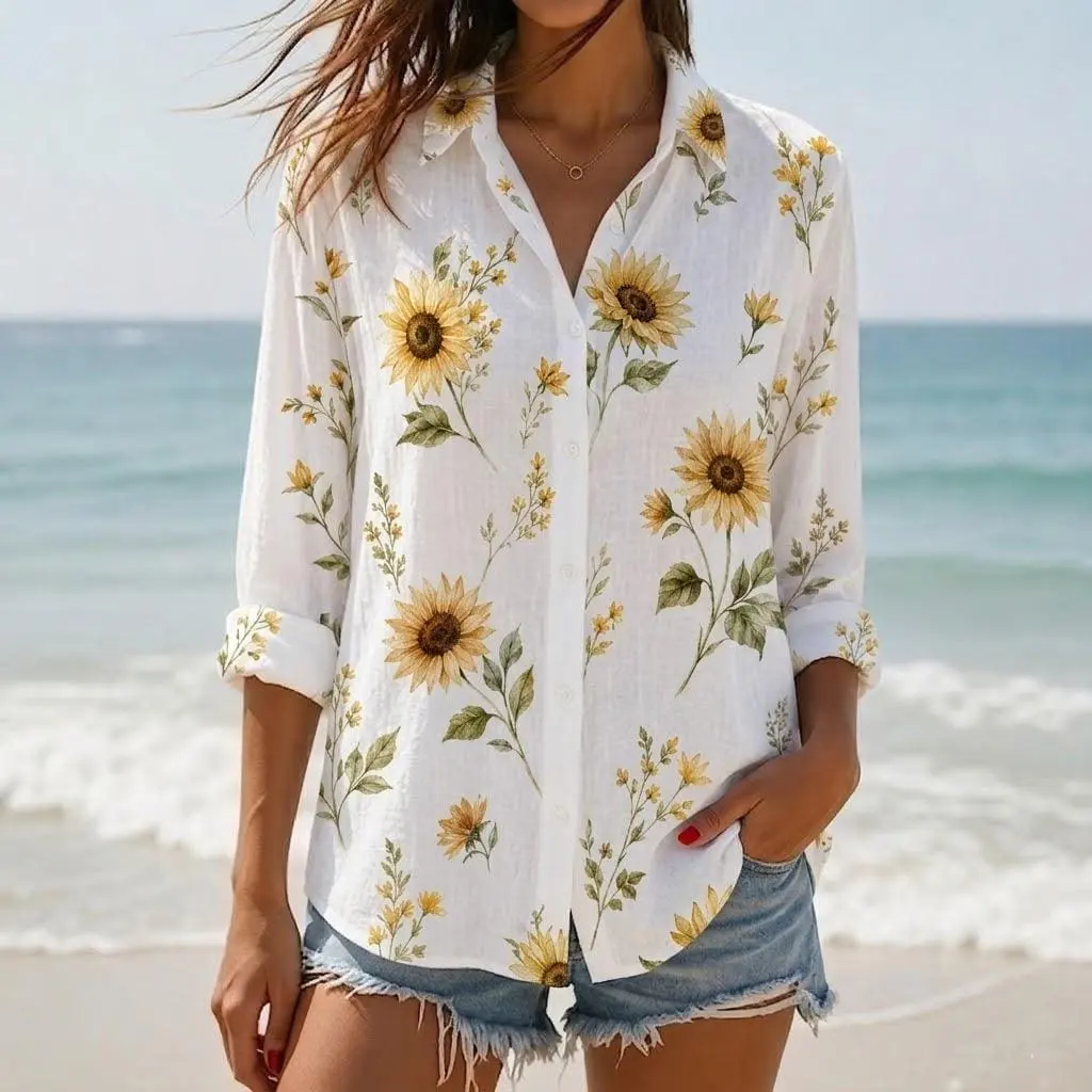 Sunflower Floral Blouse Shirt, Wildflower Blouse Top, Vintage Cottagecore Long Sleeve Shirt, Botanical Sunflower Outfit, Gift For Her
