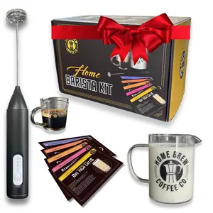 Coffee Bar Essentials: Home Barista Coffee Kit; Coffee Gift Set - Lattes, Macchiatos, Frappes - Includes Premium Coffee Recipes, Rechargeable Frother Wand, Espresso Glass, Frothing Pitcher