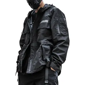 Streetwear Hooded Black Jacket Techwear Windbreaker Cyberpunk Tactical Cargo Streetwear Jacket Bomber Jacket Men