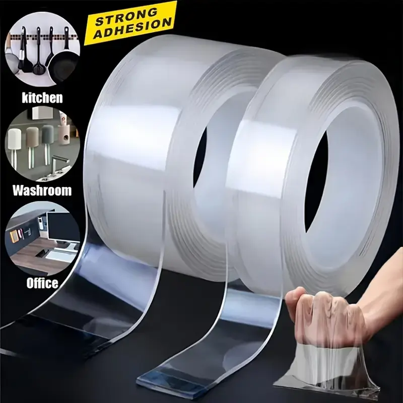 Nano double-sided tape - strong transparent adhesion, washable and reusable, no residue, suitable for glass, plastic, wood, bathroom, kitchen, Double Sided Mounting Tape, Waterproof tape, Double Sided Adhesive Tape, No Residue Tapes