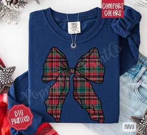 Plaid Bow Comfort Colors Long Sleeve T-Shirt, Cute Women's Christmas Tee