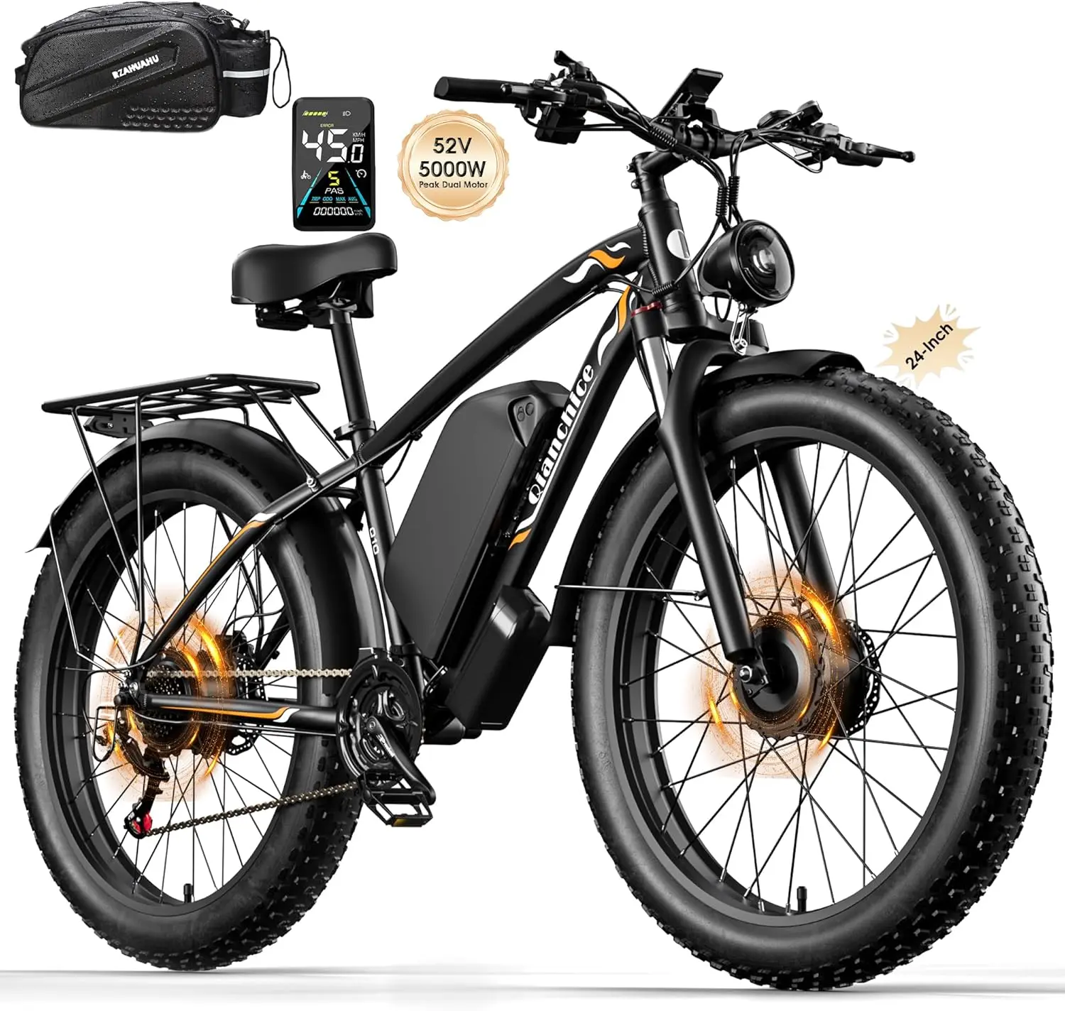 Peak 5000W Dual Motor Fat Tire Electric Bike for Adults, 24Inch 52V 32AH, 40-45MPH Speed 100 Mi Range, Hydraulic Disc Brake Commuter Bike for Men Women