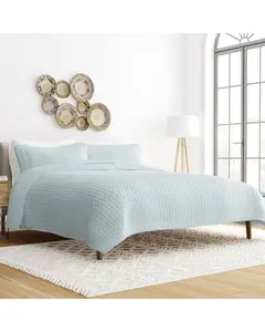 Quilted Coverlet and Shams Set Damask Square Herringbone Pattern - Becky Cameron, Herringbone / Pale Blue, King/California King