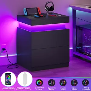 Sikaic Nightstand with Sliding Top and 2 Drawers Modern Bedside Table with LED Lights and Charging Station