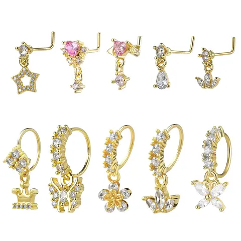 Women's L-Shaped Butterfly Love Star Flower Nose Rings Set, Sparkling Nose Ring, Nose Piercing Hoop, 316L Surgical Steel Cz Artificial Zircon Nose Studs, Elegant Body Jewelry, Body Piercings for All Seasons, Body Jewellery