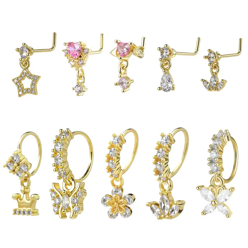Women's L-Shaped Butterfly Love Star Flower Nose Rings Set, Sparkling Nose Ring, Nose Piercing Hoop, 316L Surgical Steel Cz Artificial Zircon Nose Studs, Elegant Body Jewelry, Body Piercings for All Seasons, Body Jewellery