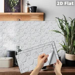 6/12/24/48 PCS FG Hexagon Marble Tile Stickers | PVC Crystal Film | Peel and Stick Backsplash | Waterproof Oil-Proof | DIY Home Decor for Kitchen Bathroom Wall Floor