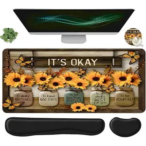 Sunflower Pattern Mouse Pad & Keyboard Wrist Rest & Coaster Set, Ergonomic Wrist Support Mouse Pad, Office Accessories Set for Home Office Gaming