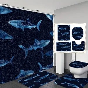 1pc/4pc Whale Shark Dark Blue  printed shower curtain, shower curtain set with 12 hooks. The shower curtain set includes a bath mat, U-shaped floor mat, toilet seat cushion, bathroom accessorie