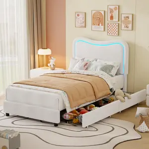 Garvee Upholstered LED Twin Bed Frame with 2 Drawers and Headboard, Sturdy Platform Design with Wooden Slats, No Box Spring Needed, White Finish, Storage Solution for Bedrooms