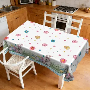 1 Easter tablecloth with floral and bunny print, rectangular and round, washable, with delicate embossed lace. Suitable for winter, New Year's, indoor and outdoor use, dining, home, creating an atmosphere for parties and Easter decorations