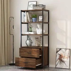 LITTLE TREE  Bookcase, 4-Tier Bookshelf with 2 Drawers, Etagere Standard Book Shelves Display Shelf for Home Office