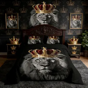 Wild Lion Comforter Set,Golden Crown 3D Wildlife Bedding Set for Kids Boys Men,African Tropical Animal Print Black Quilted Duvet Set