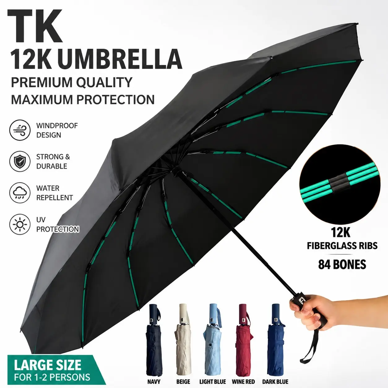 Tk 12k Windproof Folding Umbrella, 84 Skeletons, UV Protection, Waterproof, Durable, Suitable for 1-2 People, Blue, Light Blue, Dark Blue, Wine, Foldable Umbrella
