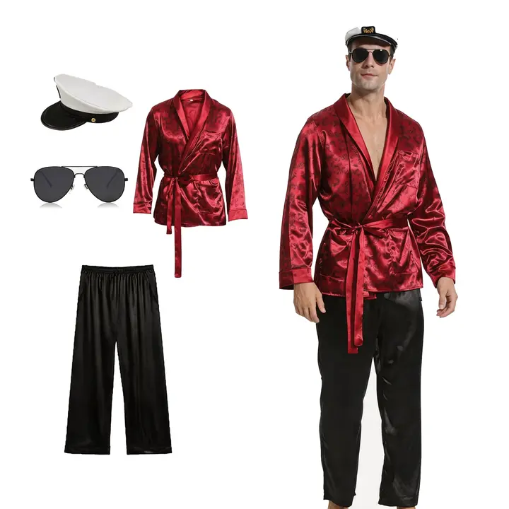 Men’s 4-Piece Captain Satin Costume Set, Luxury Printed Wrap Robe with Pants, Captain Hat & Sunglasses, Party Fancy Dress Outfit