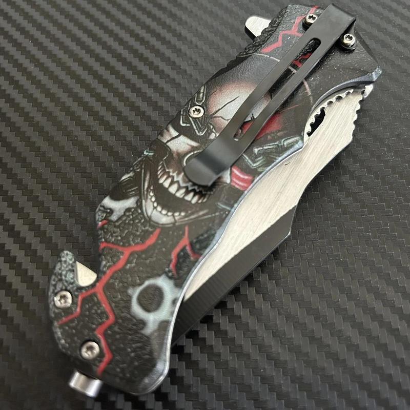 Skull Magic Belt Clip Folding  -lightweight EDC  , skull and lightning design, left and right hand universal lock and glass breaker, legal pocket  fold straight  sharp blade men outdoor survival fruit cutting multifunctional portable tactical knife