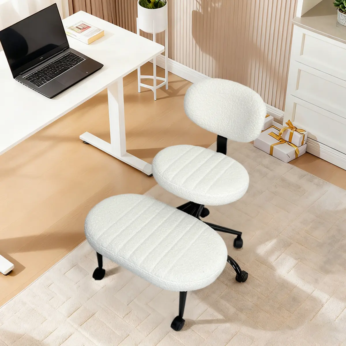 JOYFINITY Ergonomic Cross Legged Swivel Chair with 360 - Degree Swivel Height Adjustable Back Support 5 Casters 300 lbs Capacity Teddy Velvet for Home and Office Use