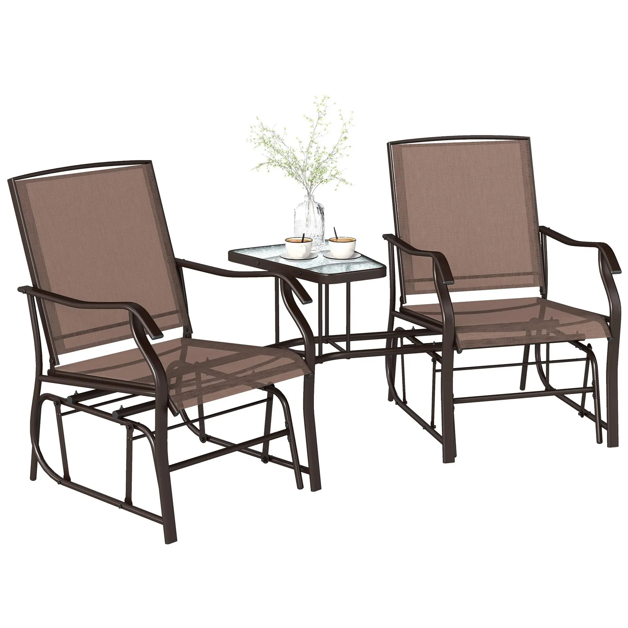 2-Seat Coffee Brown Outdoor Sling Glider Loveseat with Coffee Table, Breathable Patio Rocking Swing for Backyard, Garden