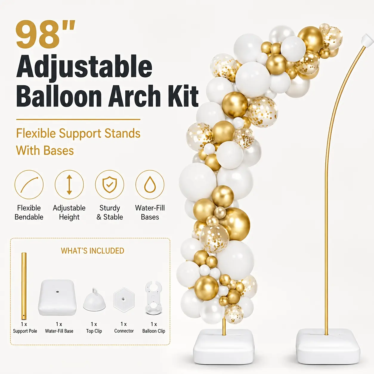 Stretchable Balloon Arch Stand Complete Set, 5-9Ft (98in) Adjustable Height Reusable Plastic Arch with Water-Filled Plastic Base, Backdrop Decoration for Wedding, Halloween Decorations (No Electricity Needed)