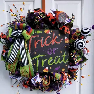 Trick or Treat Halloween Candy Themed Wreath for Fall home Door Decor with Candy Corn and Lollipop