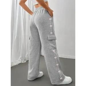 Women’s Casual Loose Fit Pants, Fashionable Streetwear Butterfly Knot Design, Elastic Waist, Long Regular Length, Fall & Winter