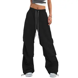 Bakyarder Women’s Y2K Baggy Parachute Pants High Waist Wide Leg Casual Track Pants with Adjustable Drawstring Waist Basic