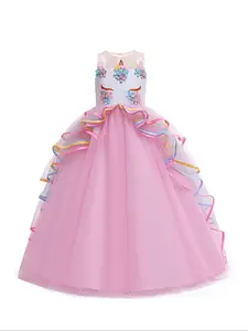 Girl's Rabbit Design Floral Embroidered Beaded Decor Tiered Layer Tulle Dress, Elegant Contrast Binding Zipper Back Sleeveless Party Tutu Dress for Performance Show Wear, Kids Clothes for All Seasons