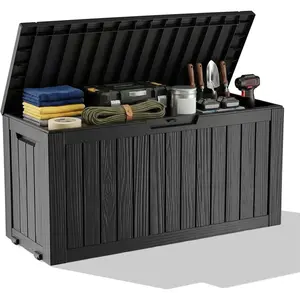 85 Gallon Outdoor Waterproof Resin Storage Deck Box Lockable Outside Bench UV Resistant Bin Patio Porch Furniture Pool Float Garden Tool Cushion Black