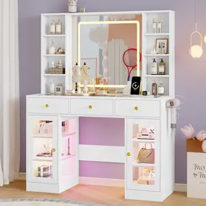 White Stylish Illuminated Glass-Top Vanity with Mirror and Lights - Drawer-Style Makeup Vanity Desk, RGB Lighted Drawers, Power Outlet, Storage Shelves, Cabinets for Bedroom, Stylish Makeup Vanities