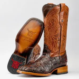 Cognac Neck Print Leather Boots - Square Toe