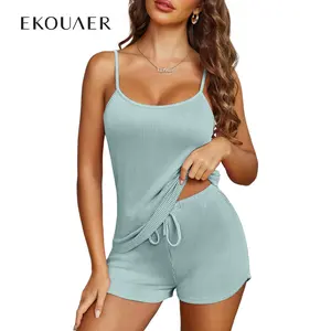 Ekouaer Pajama Sets for Women Lingerie Sleepwear Soft Pjs 2 Piece Cami Shorts Set U Neck Adjustable Strap Nightwear Ekouaer Pajama Sets for Women Lingerie Sleepwear Soft Pjs 2 Piece Cami Shorts Set U Neck Adjustable Strap Nightwear