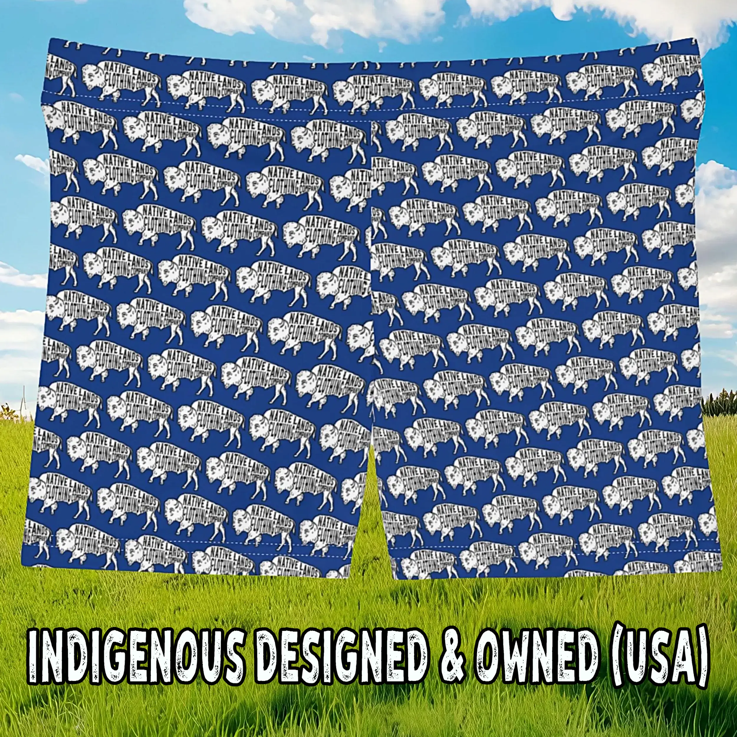 Womens Bison Shorts - Honoring First Nations, Inuit, Native American Indigenous Cultures - Blue