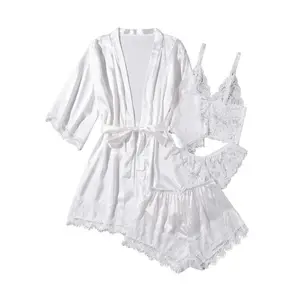 Women' Silk Satin Pajamas Set 4pcs Lingerie Floral Lace Cami Sleepwear with Robe