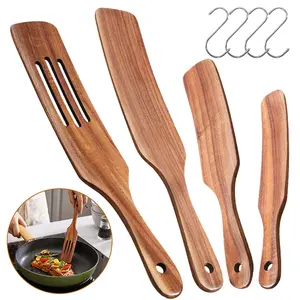 4PCS Natural Acacia Wooden Kitchen Utensils Set, Wooden Spoons Utensils for Cooking, Stirring, Mixing, Serving, Kitchen Tools Non-stick Cookware